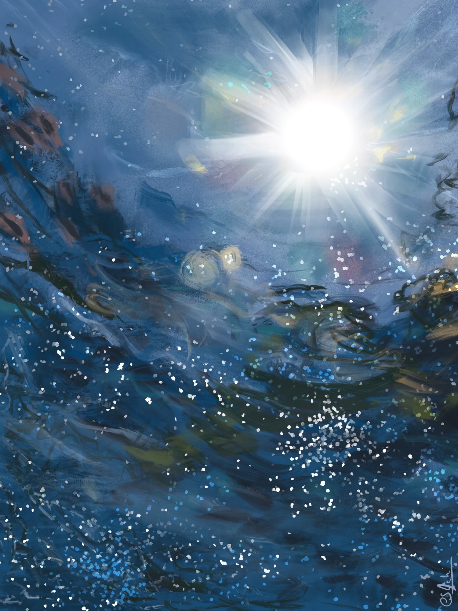 A painting of looking upward through a colourful body of water towards the sun shining through above.